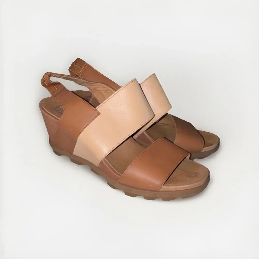 Sorel Joanie Li Leather Wedge Sandals Brown Beige‎ Hook & Loop Women US 10